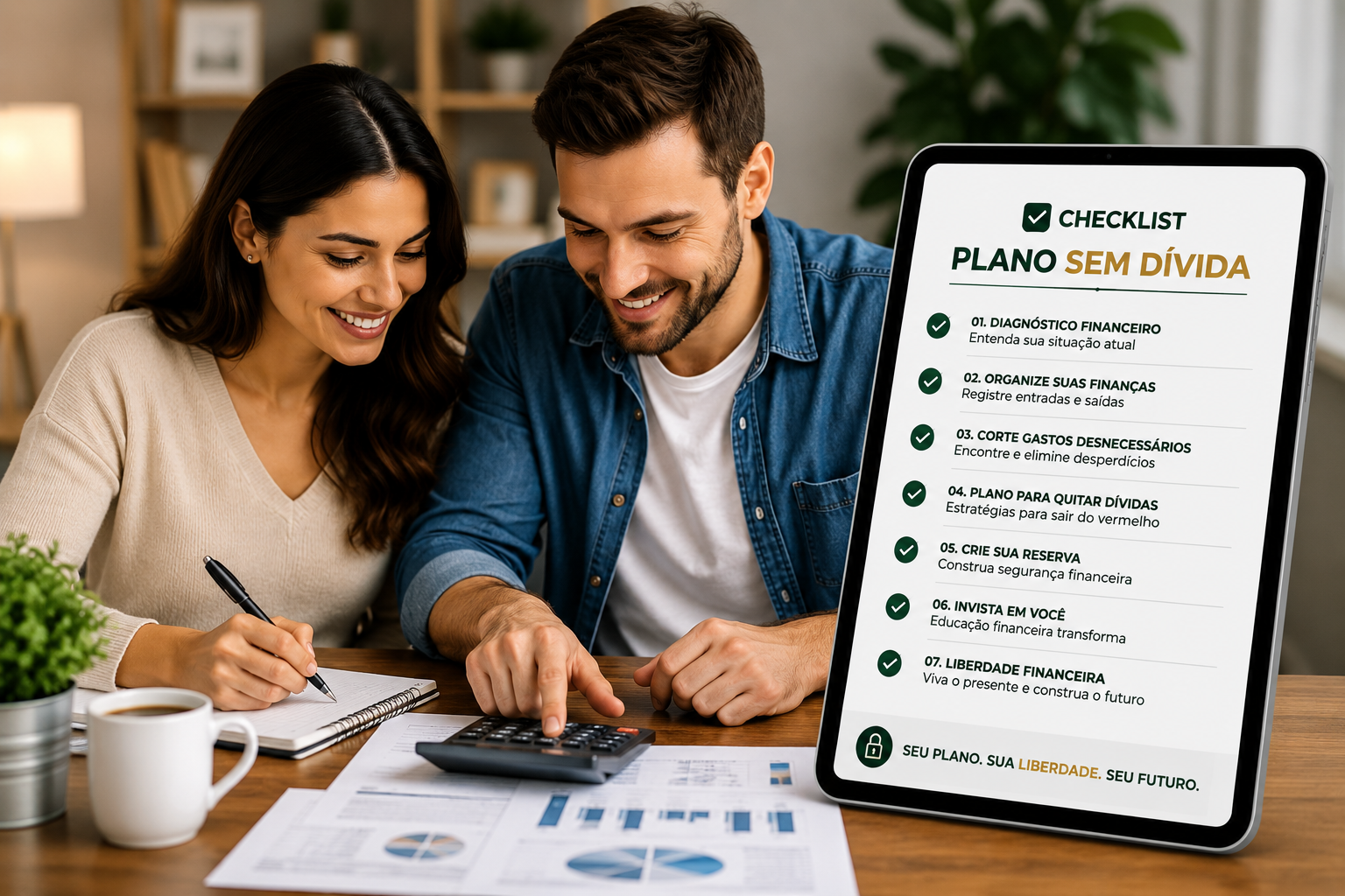 Checklist profissional do Plano Sem Dívida em um painel 3D com carteira, moedas e escudo de proteção financeira